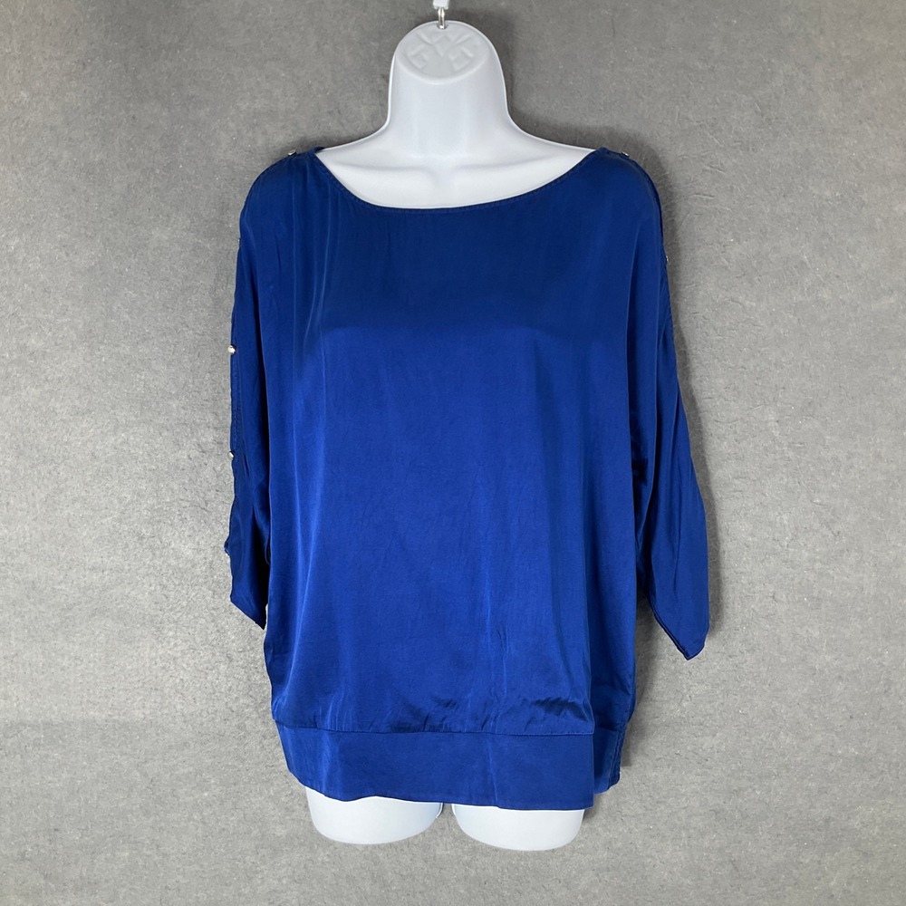 White House Black Market Silk Blouse Womens M Tie Back‎ Button Sleeve Royal Blue